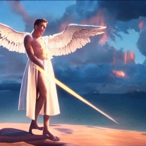 Image similar to cinematic still of divine angelic man with white ancient Canaanite robes holding a flaming sword, paradise in the background