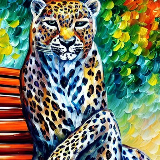 Prompt: by leonid afremov leopard print exciting. a sculpture of a blind woman sitting on a bench in a park in new york city