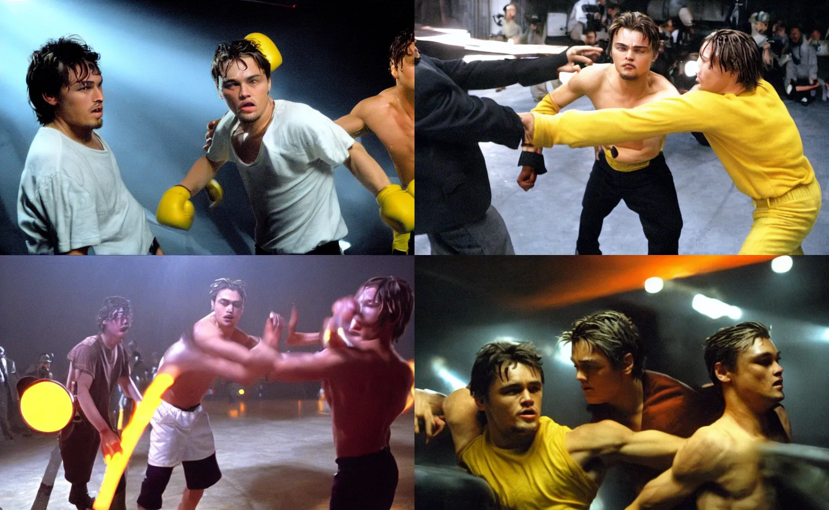 Prompt: 2004 James Franco fighting Leonardo DiCaprio on a warehouse with a strong yellow light inside of it. Movie Scene.