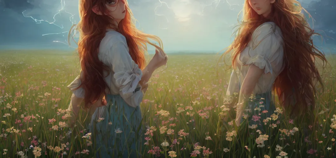 Image similar to a beautiful southern woman named Savannah, innocent, sad turquoise eyes, freckles, long ginger hair tied with white ribbon, relaxed in a field of flowers on a farm, gentle lighting, storm in the distance, somber, western clothing, dress, digital art by Makoto Shinkai ilya kuvshinov and Wojtek Fus, digital art, concept art,