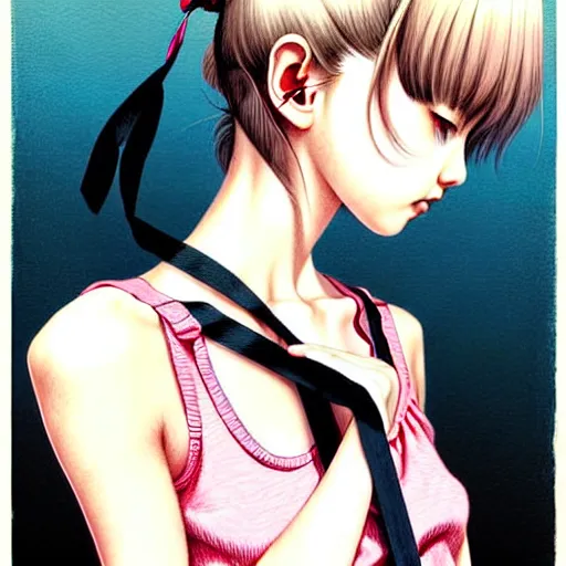 Image similar to richly detailed color  illustration of a dainty pretty young woman wearing a tank top, 'Southern Death Cult' is the theme, very soft shadowing, smooth textures, large scale image. art by Range Murata.