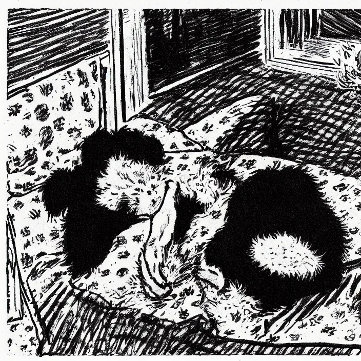 Prompt: a still frame from comic strip, a portrait of black fluffy furry sleeping dog 1 9 5 0, herluf bidstrup, new yorker illustration, monochrome bw, lineart, manga, tadanori yokoo, simplified,