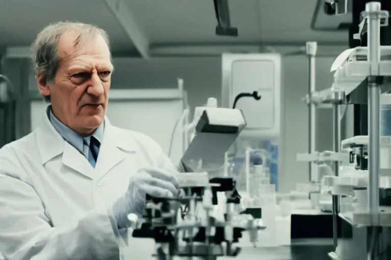 Prompt: an ultra realistic cinematic portrait of an evil male scientist smirking, foggy, stood in a lab, detailed, deep focus, movie still, dramatic lighting, by werner herzog