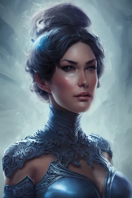 Image similar to three-quarters portrait pose of a beautiful woman, strong body,super heroine costume, human super powers, fantasy, intricate, elegant, highly detailed, digital painting, artstation, concept art,shining, sharp focus,D&D, illustration, art by Stanley Lau