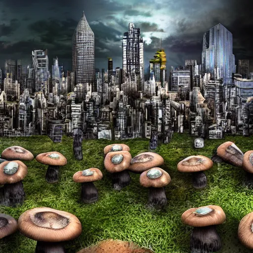 Prompt: city made out of mushroom housing, realistic, hdr, hdd, clear image,