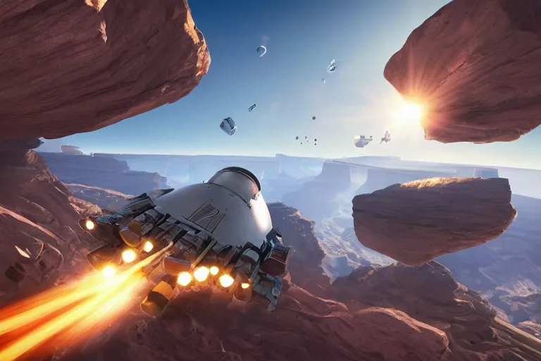 Image similar to spacecraft speed race road into the mountain rocks like grand canyon. Illustration by Blizzard and Ubisoft