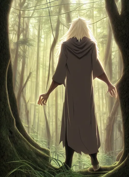 Image similar to slender young man with long blond hair, from behind, wearing wizard robes, lost in a forest, natural lighting, path traced, highly detailed, high quality, digital painting, by don bluth and ross tran and studio ghibli and alphonse mucha, artgerm