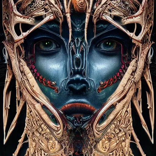 Image similar to Elden Ring themed painting of hybrid majestic aztec warrior princess fantasy biomechanical human beautiful immortal feminine angel symmetrical face angry mask closeup face breathing mask tattoo pattern golden ratio concept, deep forest psytrance Neo-Gothic concept, infinity glyph waves, intricate artwork masterpiece, very coherent artwork, cinematic, full frontal facial features by Artgerm, Takato Yamamoto, Zdizslaw Beksinski, Johnatan Wayshak, Moebius, Ayami Kojima, very anatomically coherent artwork, trending on cgsociety, ultra high quality model, production quality cinema model, high detail chromatic ink outline, octane render, unreal engine 8k, hyper realism, high detail, octane render, unreal engine, 8k, High contrast