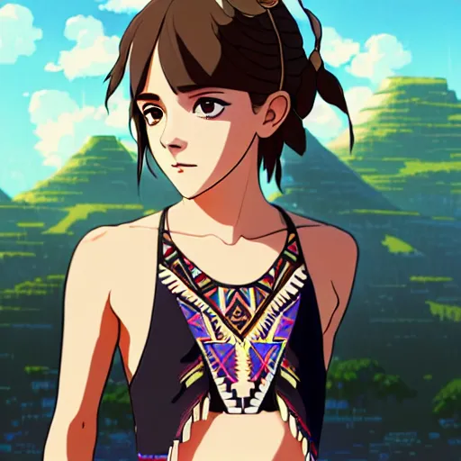 Image similar to a beautiful boyish emma watson alluring instagram model, wearing japanese hiphop aztec leotard outfit with mayan pattern and native style, aztec street fashion bathing suit, botw style, gapmoe yandere grimdark, trending on pixiv fanbox, painted by greg rutkowski makoto shinkai takashi takeuchi studio ghibli, akihiko yoshida