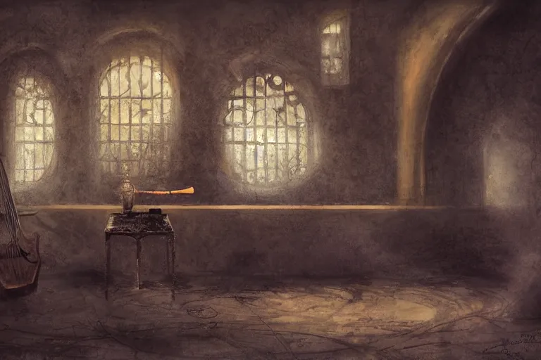 Image similar to still life painting, musical instument alone - a lute with smoke wisping up from its smoldering string, cursed baroque with ebony inlay, designed by brian froud and hr giger leans against the wall alone, abandoned. an empty brutalist chamber, lonely, somberlate afternoon lighting cinematic fantasy painting by jessica rossier