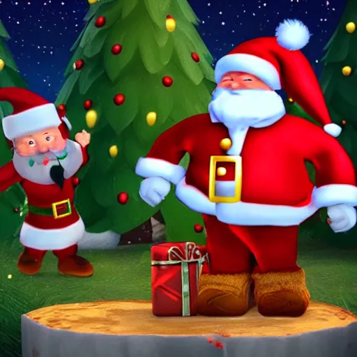 Image similar to Santa Claus vs. Jesus in an epic battle, super stylized, super bloody, a battle royale to the death