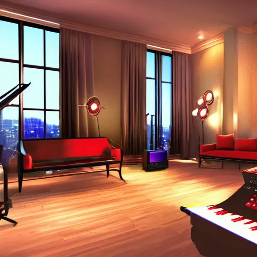 Image similar to A screenshot of a Virtual Reality music studio, living room vibe, Paris hotel style, red velvet furniture, light rays coming out of the windows, raytracing, highly detailed, futuristic, unreal engine 5, photoscanned, photorealistic,