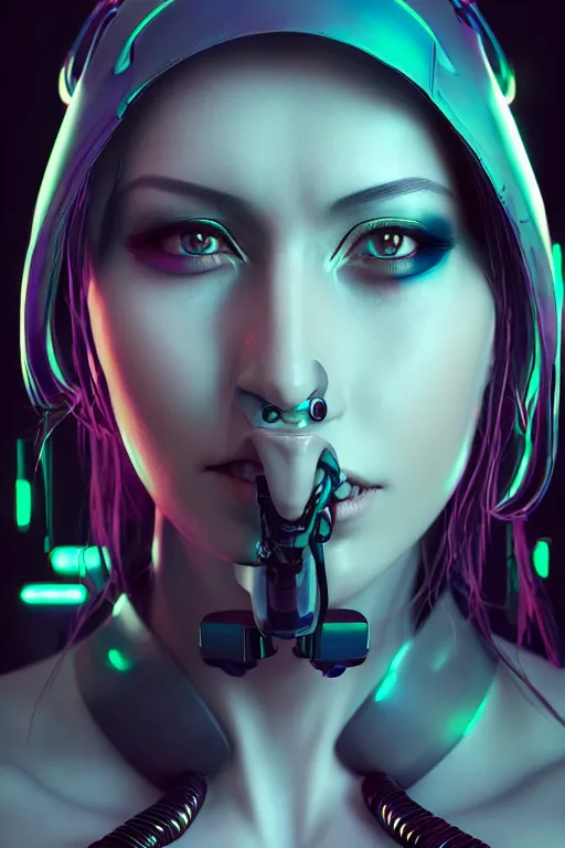 Prompt: portrait of a cyberpunk V2) woman with biomechanichal parts by Artgerm, 35mm focal length, hyper detailled, 4K