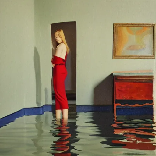 Prompt: painting of Elle Fanning in a flooded house interior, precisionism style