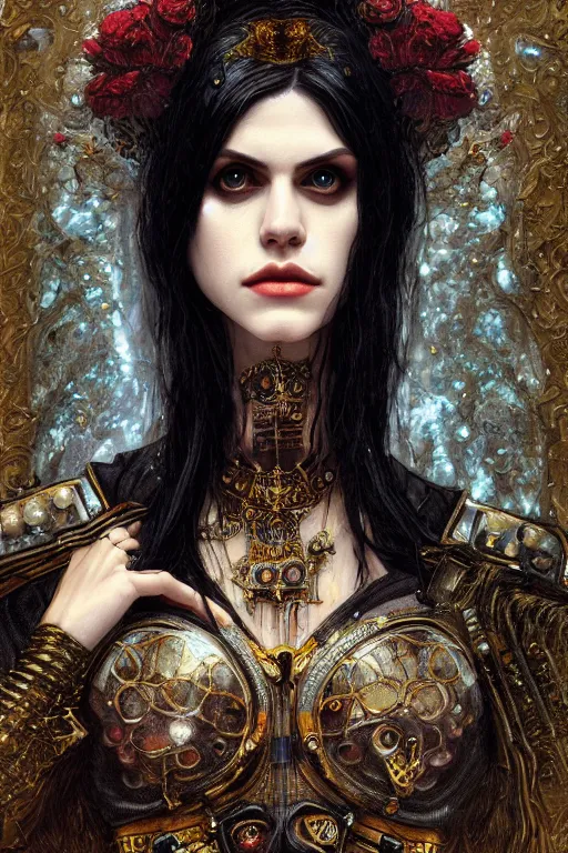 Image similar to portrait of beautiful gothic Alexandra Daddario, cyberpunk, Warhammer, highly detailed, artstation, illustration, art by Gustav Klimt