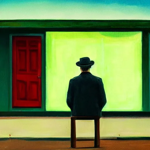 Prompt: a painting of a lonely man with a skull as his head waiting for the bus, green dramatic and cinematic light, the sky is full of stars, in the style of edward hopper, 4 k,