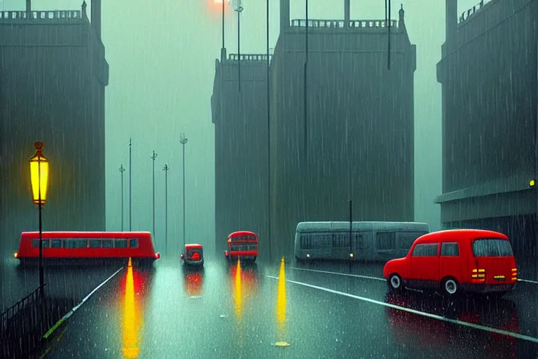 Image similar to london raining by Simon Stålenhag