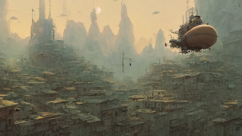 Prompt: Downtown in a studio ghibli aesthetic, Mountain by Craig Mullins, illustrative art of various small steampunk airships flying around the city by Mattias Adolfsson, Rendered in Octane, cinematic, Highly Detailed
