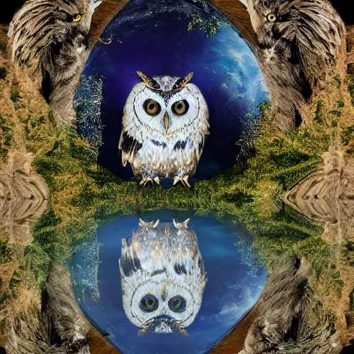 Image similar to A lunar sage with his magical owls looking out into the reflections of all of time 4k photorealism HD surrealism