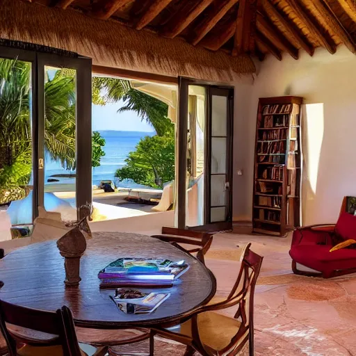 Prompt: expensive villa interior nearby a beach with books everywhere, cosy atmosphere, beautiful lighting