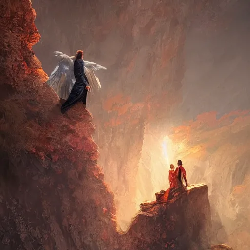 Image similar to angel protecting man falling from a cliff, detailed intricate ink illustration, happy atmosphere, detailed illustration, hd, 4k, digital art, overdetailed art, by greg rutkowski, by loish, complementing colors, Trending on artstation, movie poster style