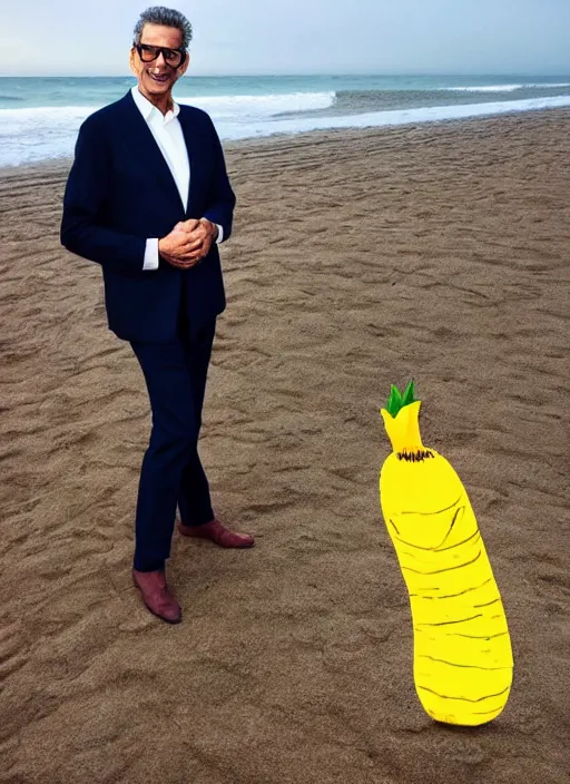 Image similar to jeff goldblum as a banana on the sand of a beach