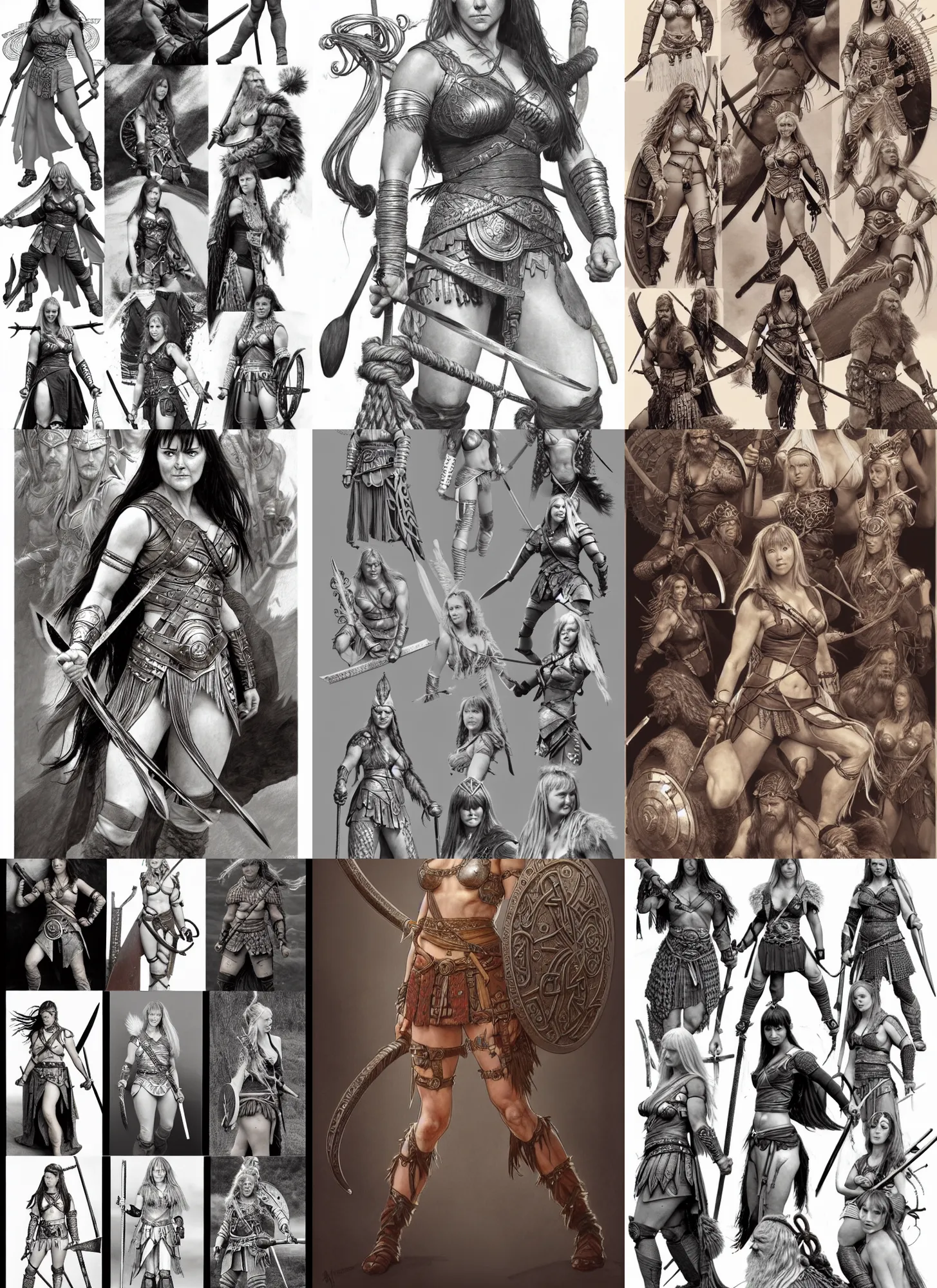Prompt: detailed pencil spot illustrations of various character concepts from the xena warrior princess and ancient viking culture crossover, various poses, by burne hogarth, by bridgeman, by anthony ryder, by yoshitaka amano, by ruan jia, by conrad roset, by mucha, cgsociety, artstation.