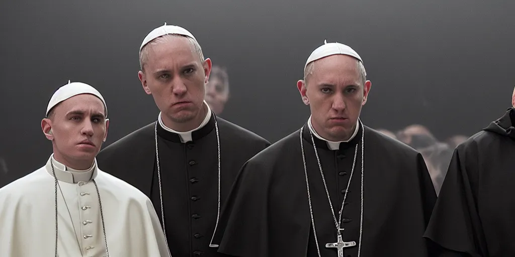 Image similar to film frame of the pope and eminem doing a rap freestyle 4 k quality rule of thirds eminem's face detail cinematic color grading by christopher nolan