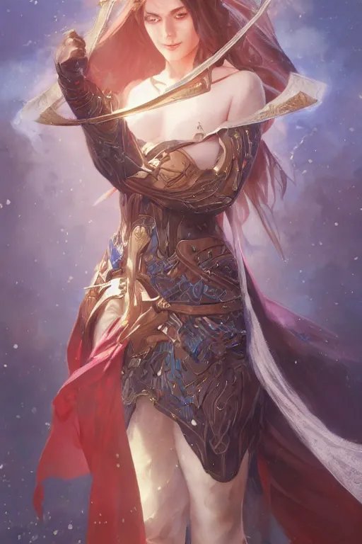 Image similar to portrait of Sword Maiden, superhero cape, DnD, fantasy, highly detailed, beautiful face, realistic body structure, digital painting, artstation, smooth, sharp focus, illustration, art by artgerm and greg rutkowski and alphonse mucha