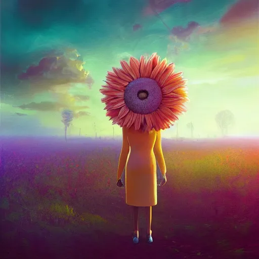 Image similar to giant daisy flower head, frontal, girl in a suit, surreal photography, sunrise, dramatic light, impressionist painting, digital painting, artstation, simon stalenhag