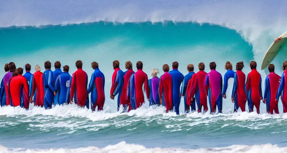 Image similar to worshippers in robes belonging to the cult of the surfers, surfing in waves, standing on surfboards, surfing inside one large barreled wave, high detailed colors, blue