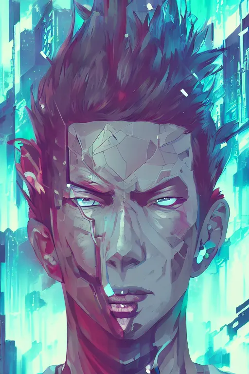 Prompt: abstract portrait, cyberpunk anime hero, floating detailes, very detailed face, dark mood, leaves by miyazaki, colorful palette illustration, kenneth blom, mental alchemy, james jean, pablo amaringo, naudline pierre, contemporary art, hyper detailed