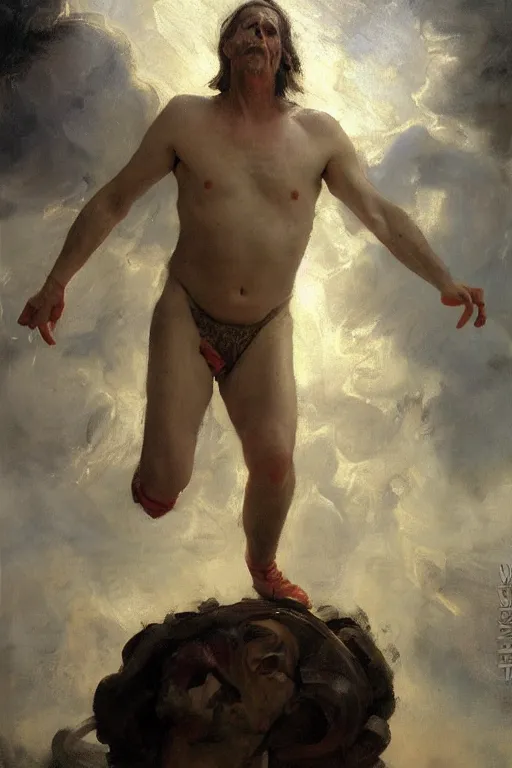 Image similar to beautiful detailed expressive impressionistic oil painting portrait of ancient roman god emperor steve buscemi levitating, ascending into the dark wearing the civic crown, renaissance painting, black background, art by anders zorn, wonderful masterpiece by greg rutkowski, expressive brush strokes, beautiful cinematic light, american romanticism by greg manchess, jessica rossier