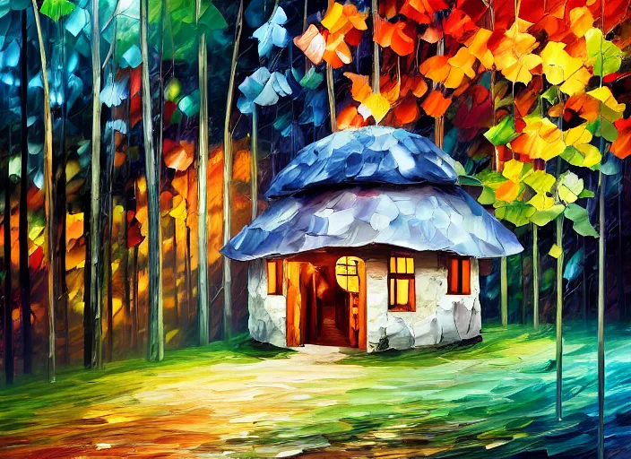 Image similar to Kanye West standing behind the window of his little mushroom house, magical forest, Alena Aenami, Leonid Afremov