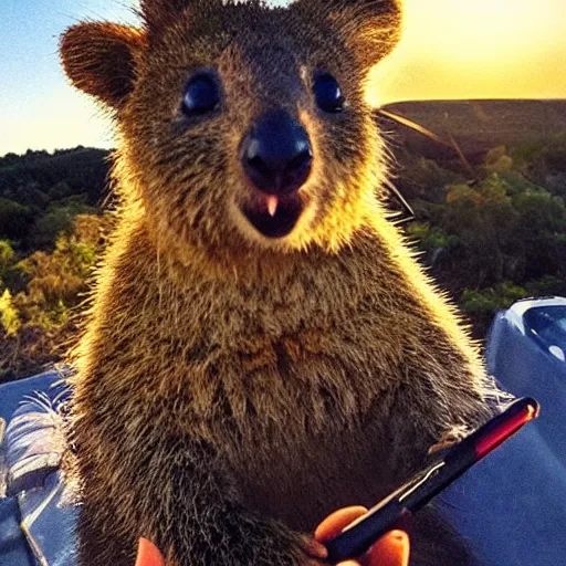 Image similar to happy quokka taking a selfie and smoking a big cannabis joint, golden hour, ultra realistic