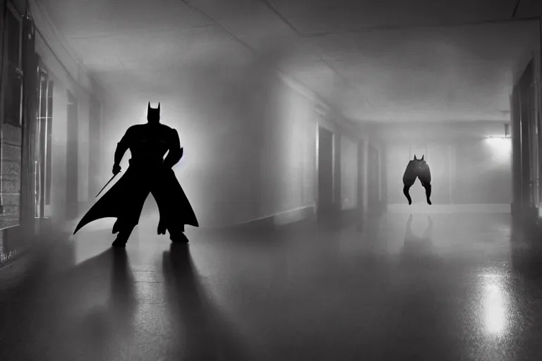 Image similar to batman wielding axe, chasing man through hallway, atmospheric eerie lighting, bodycam