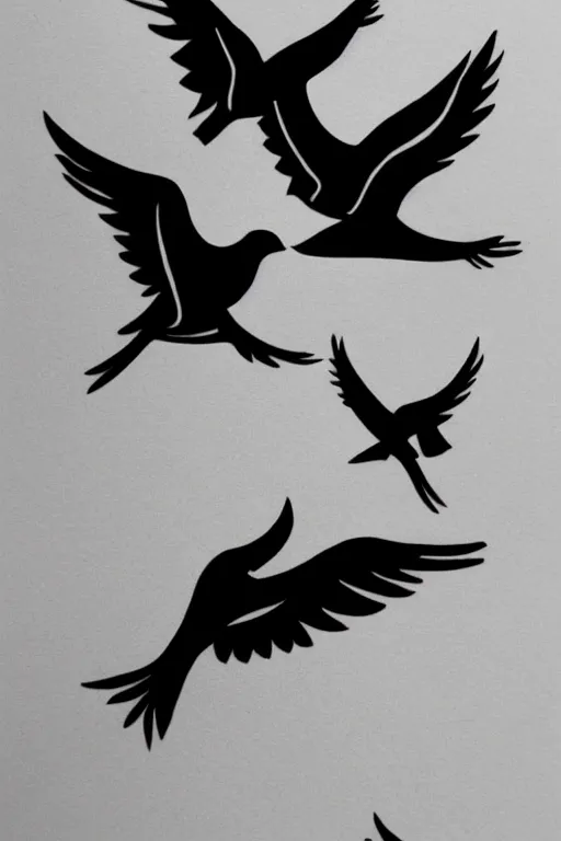 Prompt: a simple tattoo design of minimalist flying birds, by bacht, black ink, abstract logo, line art