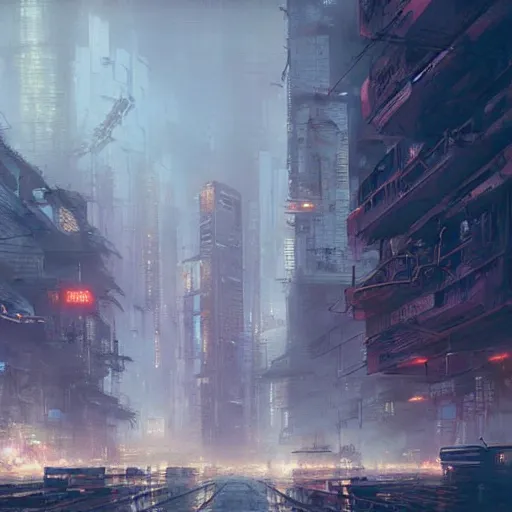 Prompt: A beautiful landscape oil painting of dystopian cyberpunk city by Greg Rutkowski