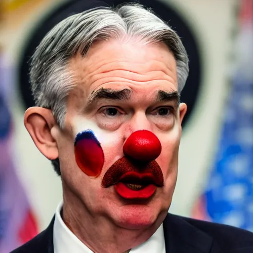 Image similar to Jerome Powell with colorful clown makeup all over his face