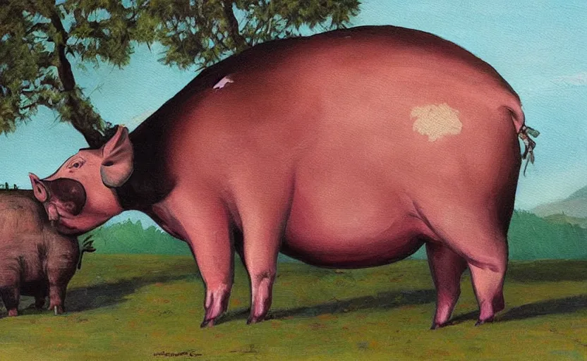 Image similar to painting of a huge pig walking over a village