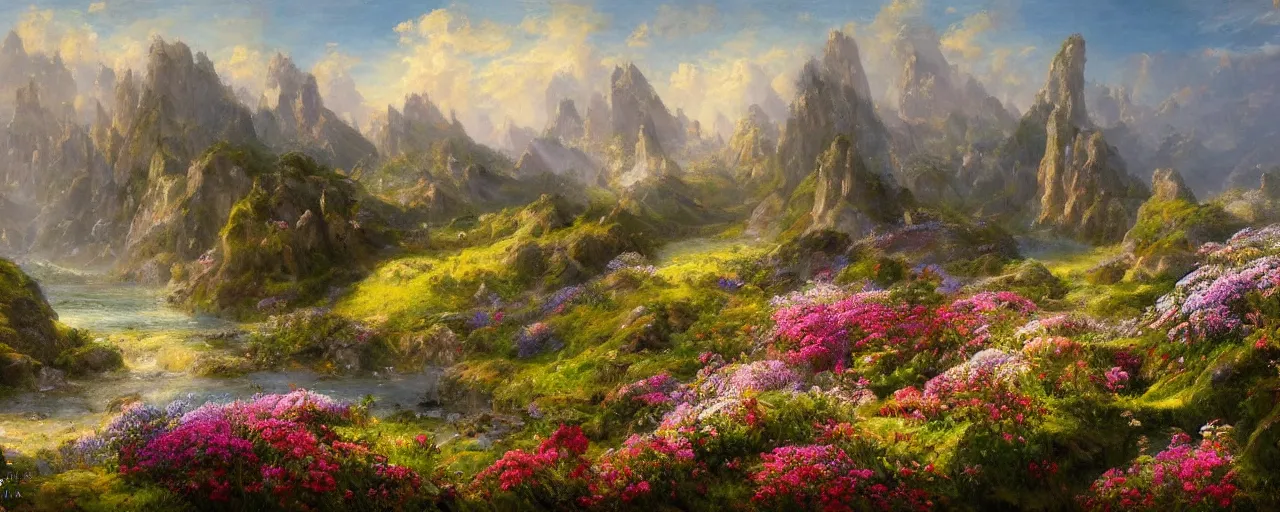 Image similar to the valley of flowers! near the sea! of dreams, ancient towers by quentin mabille