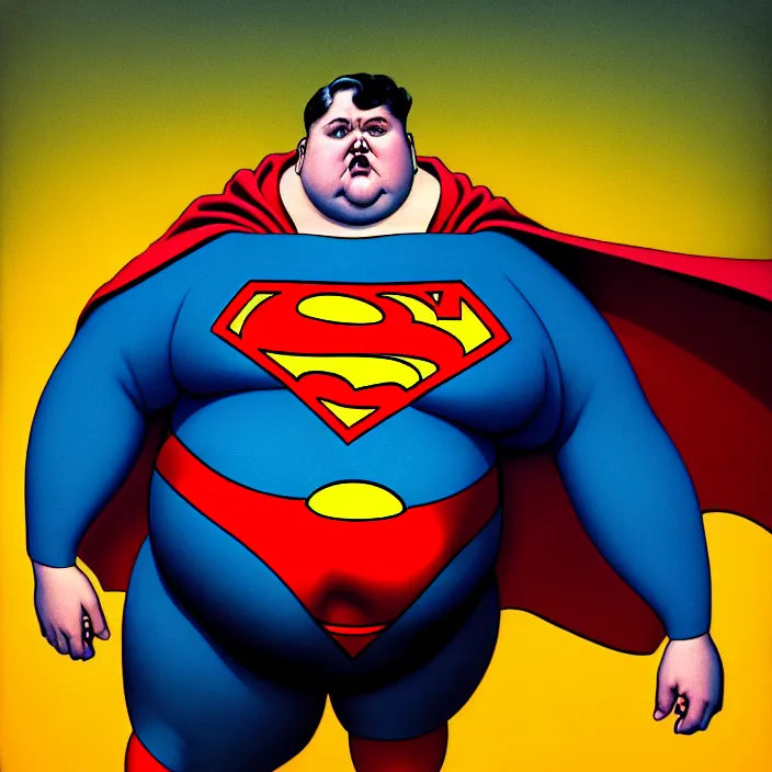 Image similar to hyperrealistic mixed media portrait of a a mordidly obese superman with his belly hanging out, stunning 3d render inspired art by P. Craig Russell and Barry Windsor-Smith + perfect facial symmetry + dim volumetric lighting, 8k octane beautifully detailed render, post-processing, extremely hyperdetailed, epic composition, grim yet sparkling atmosphere, cinematic lighting + masterpiece, trending on artstation