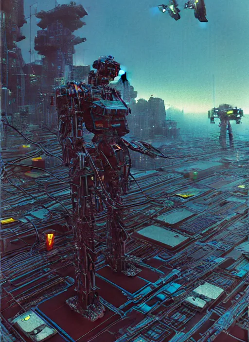 Prompt: cyberpunk mechwarrior, a lot of cables and wires around, bymark brooks by zdzisław beksinski, by takato yamamoto, vintage, 8 k, ultra detailed, 8 0's sci - fi