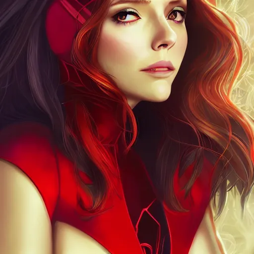 Image similar to Elizabeth Olsen as Scarlet Witch portrait, male anime style, illustrated by Avetetsuya Studios, intricate, detailed, photorealistic, trending on artstation, studio lighting, 4k, 8k