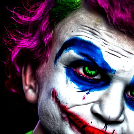 Prompt: a young child dressed as Joker, photo realistic, 4k