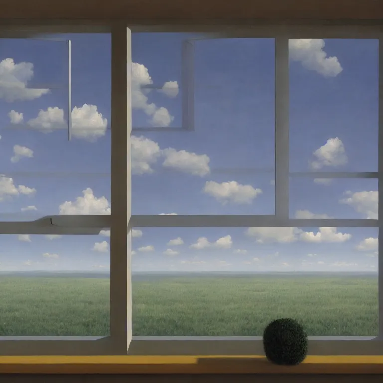 Image similar to window floating in the sky, by rene magritte, centered, detailed painting, hd, hq, high resolution, high detail, 4 k, 8 k