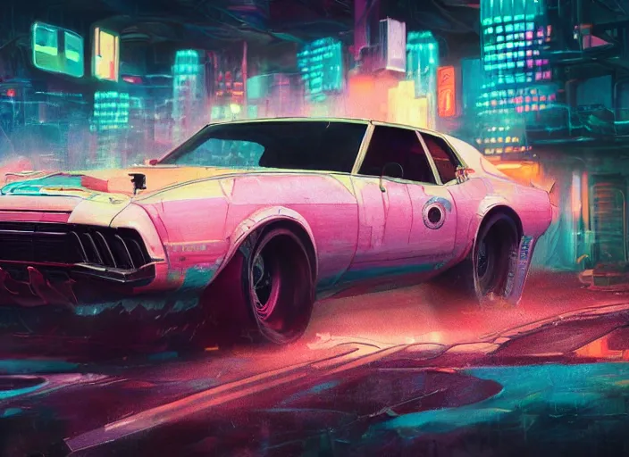 Image similar to detailed concept art illustration colorful pastel painting of a retro cyberpunk muscle car in full intricate detail, ultra detailed, digital art, octane render, 4K, dystopian, micro details