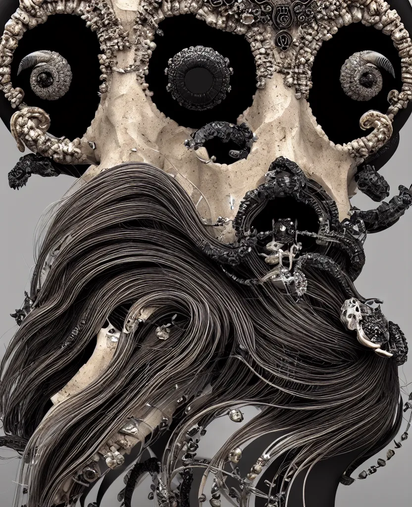 Image similar to goddess princess face close-up portrait ram skull. sculpture made of black stone with elements made of polished gold. jellyfish phoenix head, nautilus, orchid, skull, betta fish, bioluminiscent creatures, intricate artwork by Tooth Wu and wlop and beeple. octane render, trending on artstation, greg rutkowski very coherent symmetrical artwork. cinematic, hyper realism, high detail, octane render, 8k