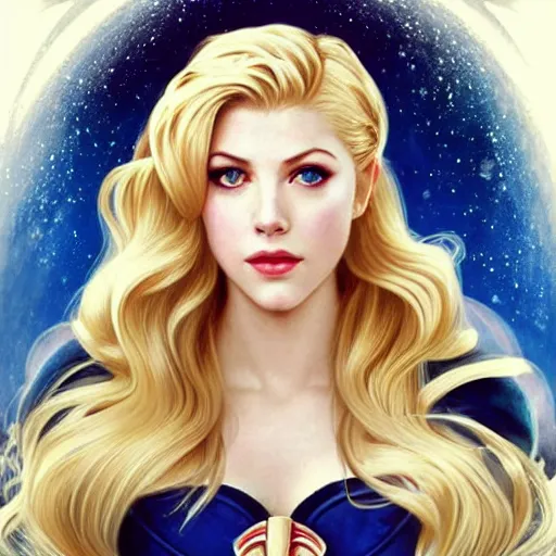 Prompt: A combination of Katheryn Winnick's and Grace Kelly's and Katherine McNamara's faces with blonde hair as Sailor Moon, western, D&D, fantasy, intricate, elegant, highly detailed, digital painting, artstation, concept art, matte, sharp focus, illustration, art by Artgerm and Greg Rutkowski and Alphonse Mucha