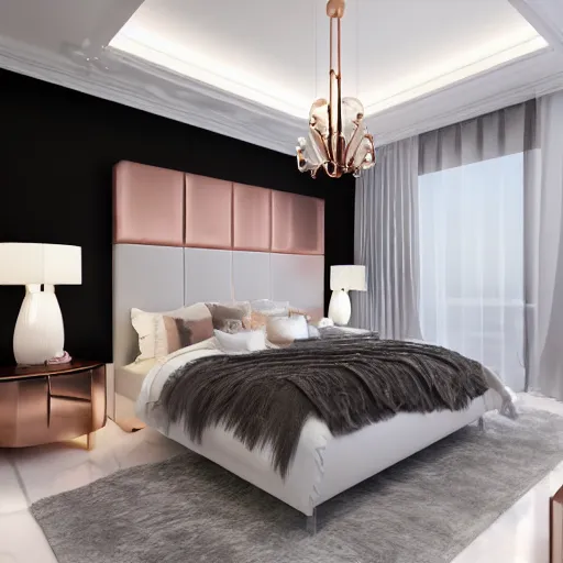 Image similar to 3 d render of white bedroom with rose gold metallic accents